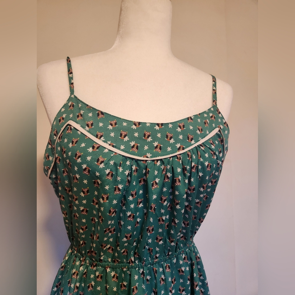 Vintage Green Owl Print Fit And Flare Silk Blend Ruffle Hem Sundress Large L EUC - Picture 5 of 7